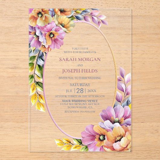 Stylish Pink and Orange Floral Wedding Acryl Uitnodigingen (Voorkant)