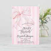 Stylish Pink Bow Pink Striped Baby Shower Kaart (Staand voorkant)