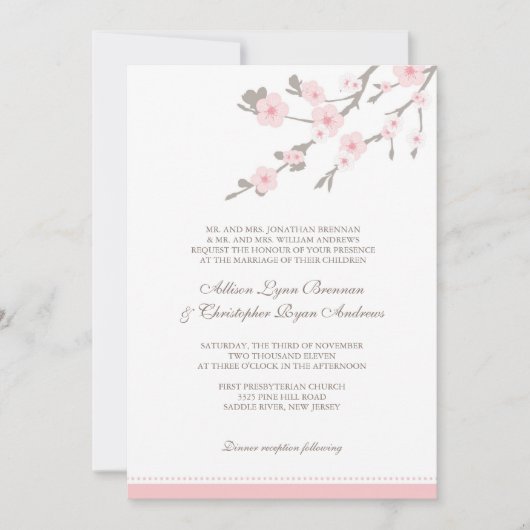 Stylish Pink Cherry Blossoms Wedding Invitation Kaart (Voorkant)