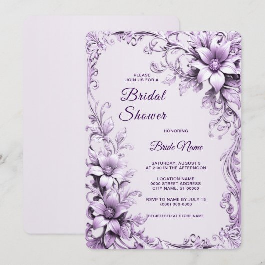 Stylish Purple Flowers Bridal Shower Invitation (Devant / Derrière)