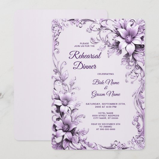 Stylish Purple Flowers Rehearsal Dinner Kaart (Voorkant / Achterkant)