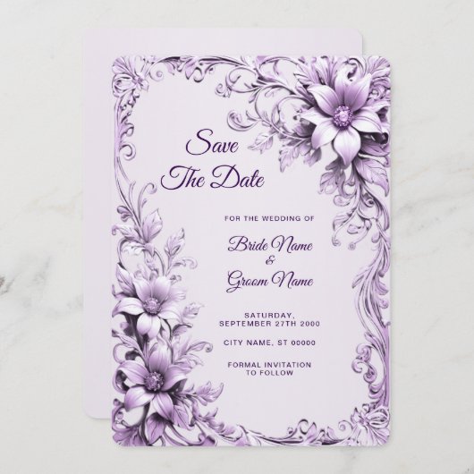 Stylish Purple Flowers Save The Date (Voorkant / Achterkant)