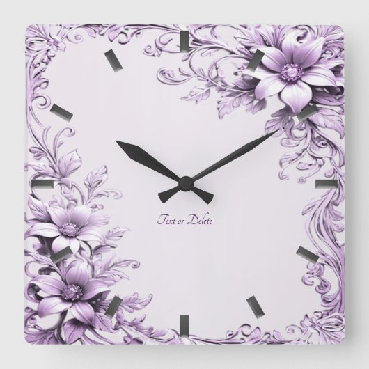 Stylish Purple Flowers Wall Clock Vierkante Klok (Voorkant)