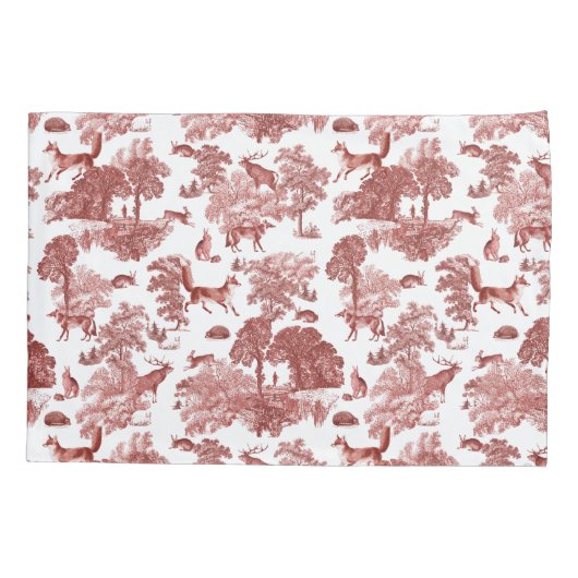 Stylish Red French Toile Fox Rabbit in Forest Kussensloop (Achterkant)