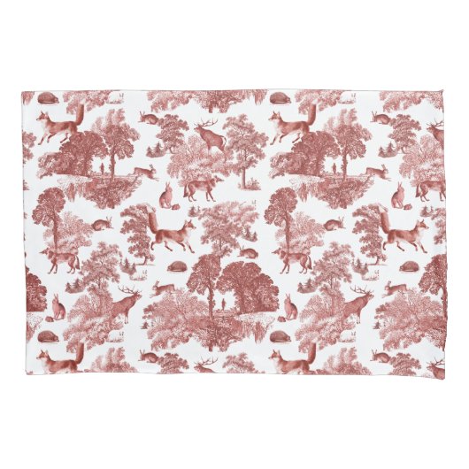 Stylish Red French Toile Fox Rabbit in Forest Kussensloop (Voorkant)