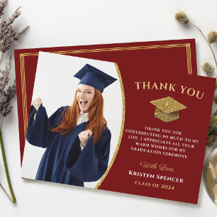 Stylish Red Gold Afstuderen Foto Afstuderen Bedankkaart