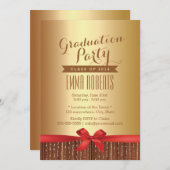 Stylish Red Ribbon Gold Foil Graduparty Kaart (Voorkant / Achterkant)