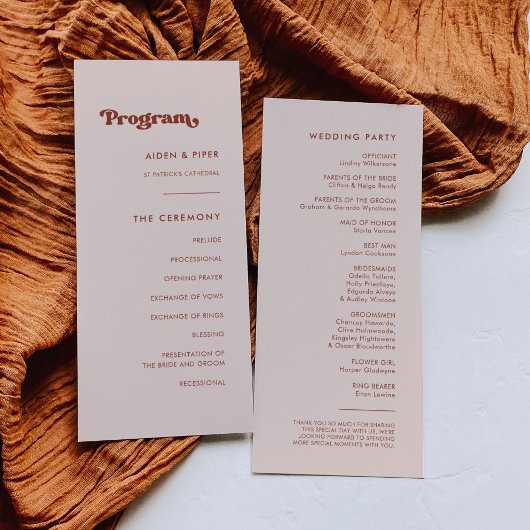 Stylish retro peach pink bruiloft programme programma