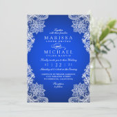 Stylish Royal Blue Floral Lace Wedding Invitation (Debout devant)