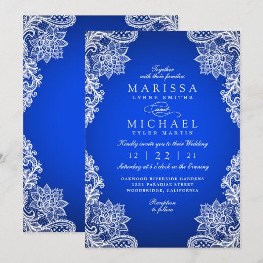 Stylish Royal Blue Floral Lace Wedding Invitation (Devant / Derrière)