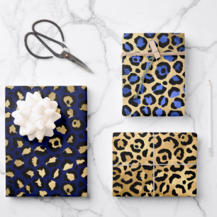 Stylish Royal Blue & Gold Foil Leopard Spots Inpakpapier Vel