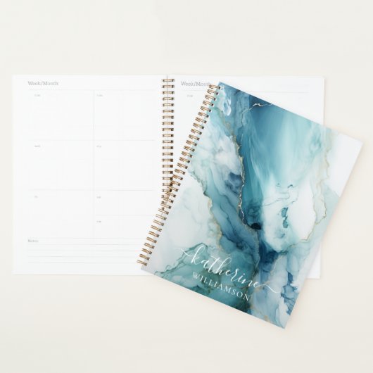 Stylish Script Blue&Gold Marble Custom Name Planner (Display)