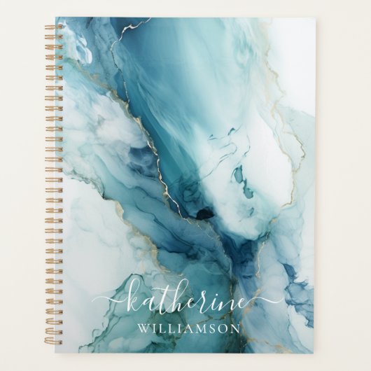 Stylish Script Blue&Gold Marble Custom Name Planner (Voorkant)