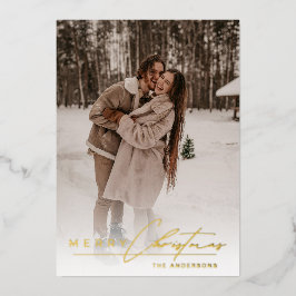 Stylish Script Elegant Photo Red Merry Christmas Folie Feestdagenkaart