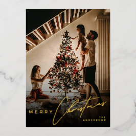 Stylish Script Minimalist 1 Photo Red Christmas Folie Feestdagenkaart