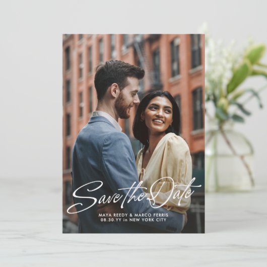 Stylish script two photo wedding save the date (Staand voorkant)