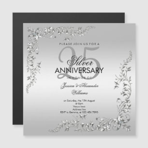 Stylish Silver Decoration 25th Wedding Jubileum Magnetische Uitnodiging