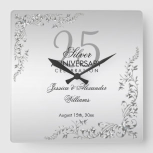 Stylish Silver Decoration 25th Wedding Jubileum Vierkante Klok