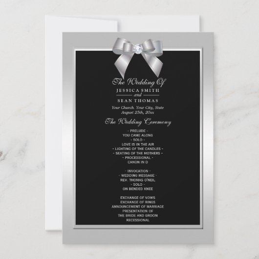 Stylish Silver Gem Bow & Black Wedding Program Kaart (Voorkant)