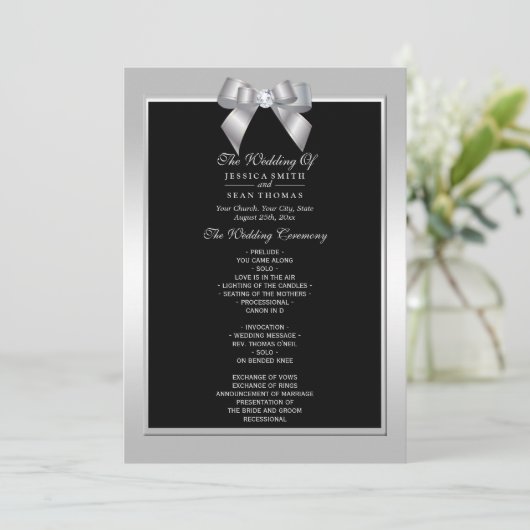 Stylish Silver Gem Bow & Black Wedding Program Kaart (Staand voorkant)