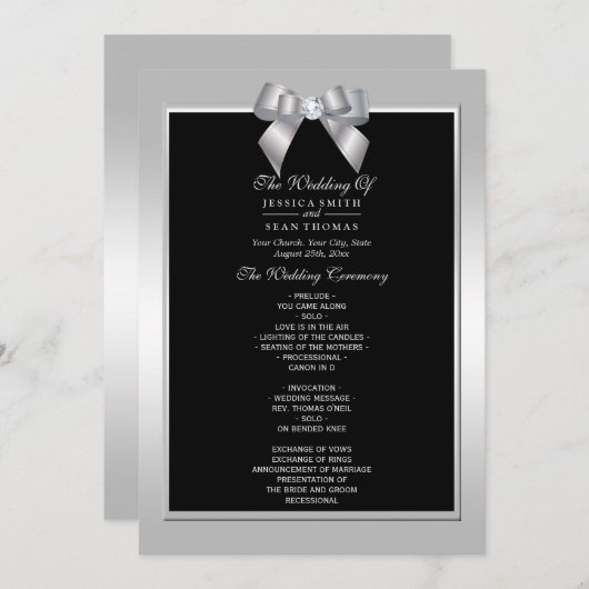 Stylish Silver Gem Bow & Black Wedding Program Kaart (Voorkant / Achterkant)