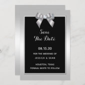 Stylish Silver Gem Bow & Black Wedding Save The Date (Voorkant / Achterkant)