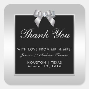 Stylish Silver Gem Bow & Black Wedding Vierkante Sticker