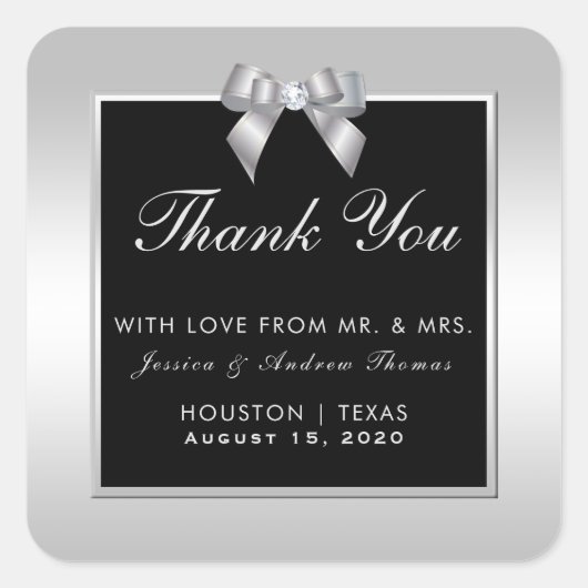 Stylish Silver Gem Bow & Black Wedding Vierkante Sticker (Voorkant)