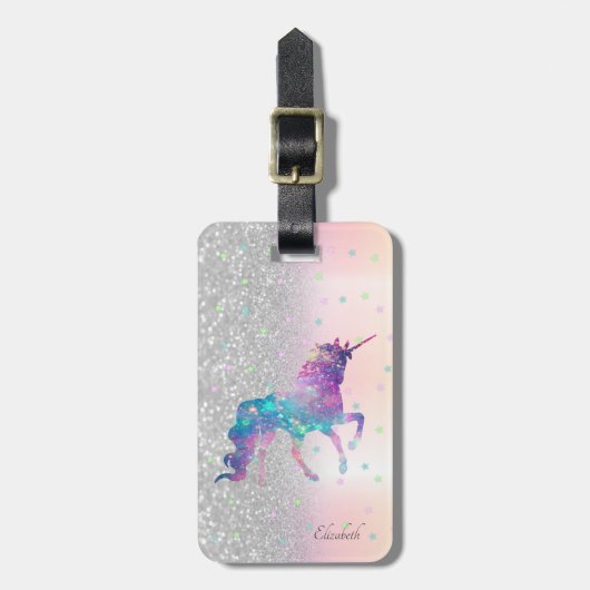Stylish Silver Glitter Bokeh, Unicorn, Stars Bagagelabel (Voorkant verticaal)