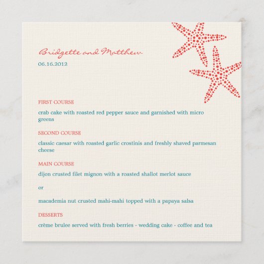 Stylish Starfish Wedding Menu Cards (Voorkant)