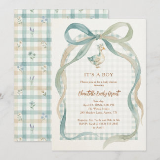 Stylish Sweet Teal Bow Goose Baby Shower TMF26 Kaart