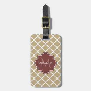 Stylish Tan Quatrefoil Burgundy Monogram en naam Bagagelabel