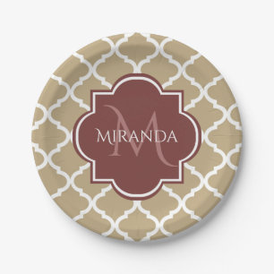 Stylish Tan Quatrefoil Burgundy Monogram en naam Papieren Bordje