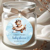 Stylish Teddy Bear Pilot Airplane Blue Brown Baby Ronde Sticker