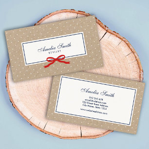 Stylish White Polka Dot and Red Ribbon Kraft Visitekaartje