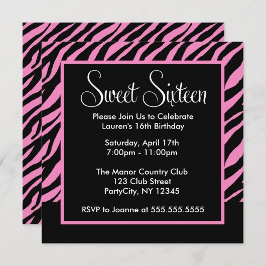 Stylish Zebra Pattern Sweet Sixteen Party Kaart (Voorkant / Achterkant)