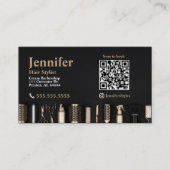 Stylist Black Gold Carte de visite avec code QR (Devant)