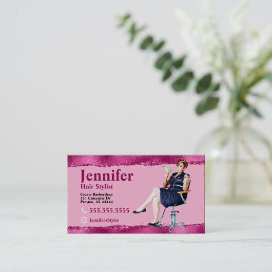 Stylist Carte de visite photo rose avec code QR (Debout devant)