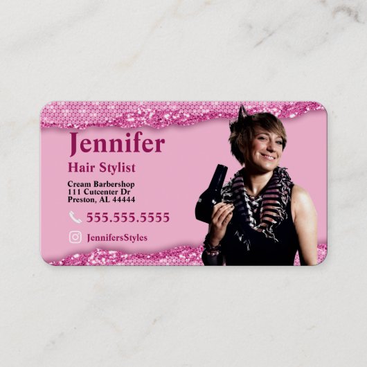 Stylist Carte de visite photo rose avec code QR (Devant)