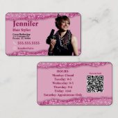 Stylist Carte de visite photo rose avec code QR (Devant / Derrière)