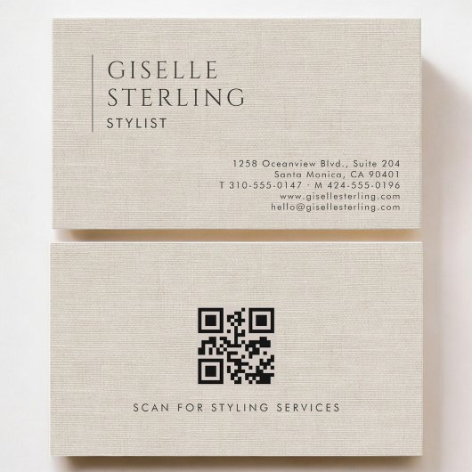 Stylist Luxury Neutral Linen QR Code Visitekaartje