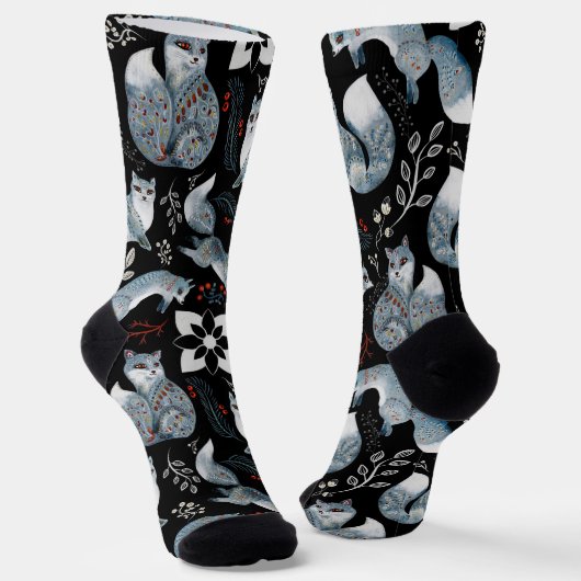  Stylized blue foxes with intricate floral designs Sokken (Gebogen)