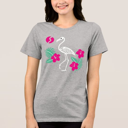 Stylized Flamingo Skeleton with Tropical Flowers Tri-Blend Shirt (Voorkant)
