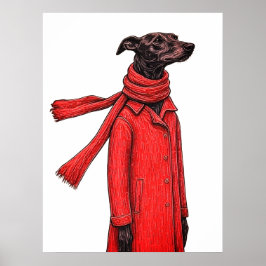 Stylized Greyhound Drawing with Red Vintage Coat Poster