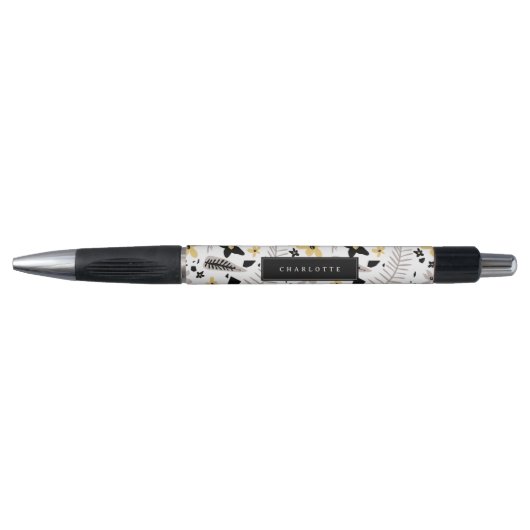 Stylo Abstrait noir gris jaune Floral Nom personnalisé (Devant)