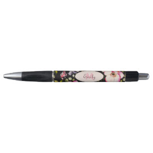 Stylo Aquarelle rose Roses jaunes sur noir, Monogramme