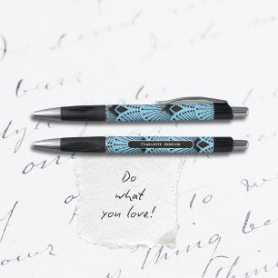 Stylo Art Déco Luxueux Motif Paon Bleu Noir Blanc