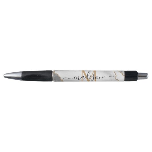 Stylo Blanc Chic Glitter Or Agate Monogramme Nom Script (Devant)