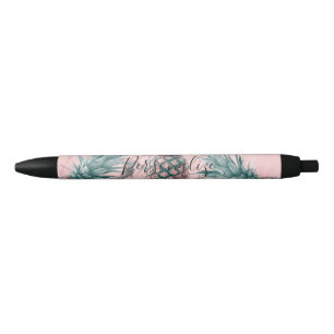 Stylo Bleu Ananas et marbre rose en spirale, chic tropical mo