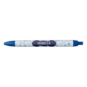 Stylo Bleu Joli nom personnalisé floral bleu et blanc de camp